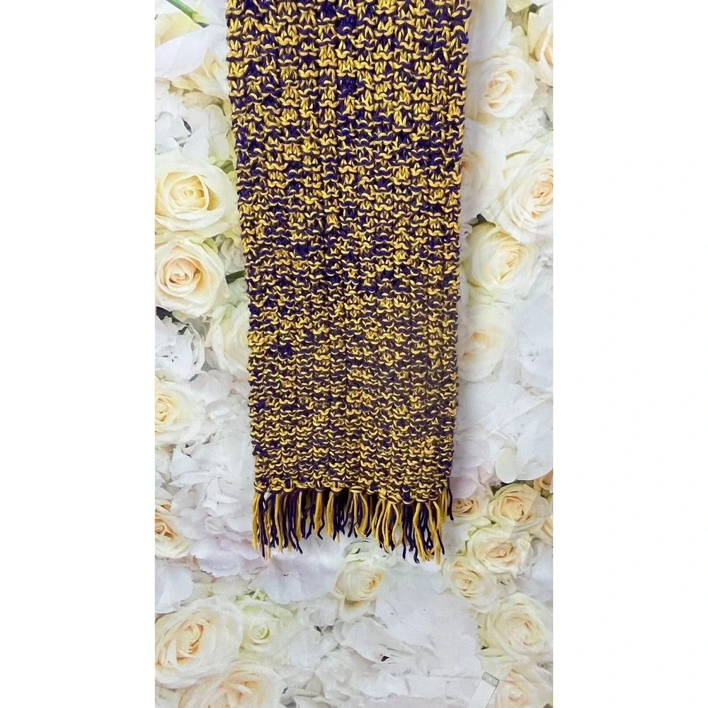 Crochet Scarf With Fringe Handmade Boho Purple Yellow Gold LA Lakers 88 In Long